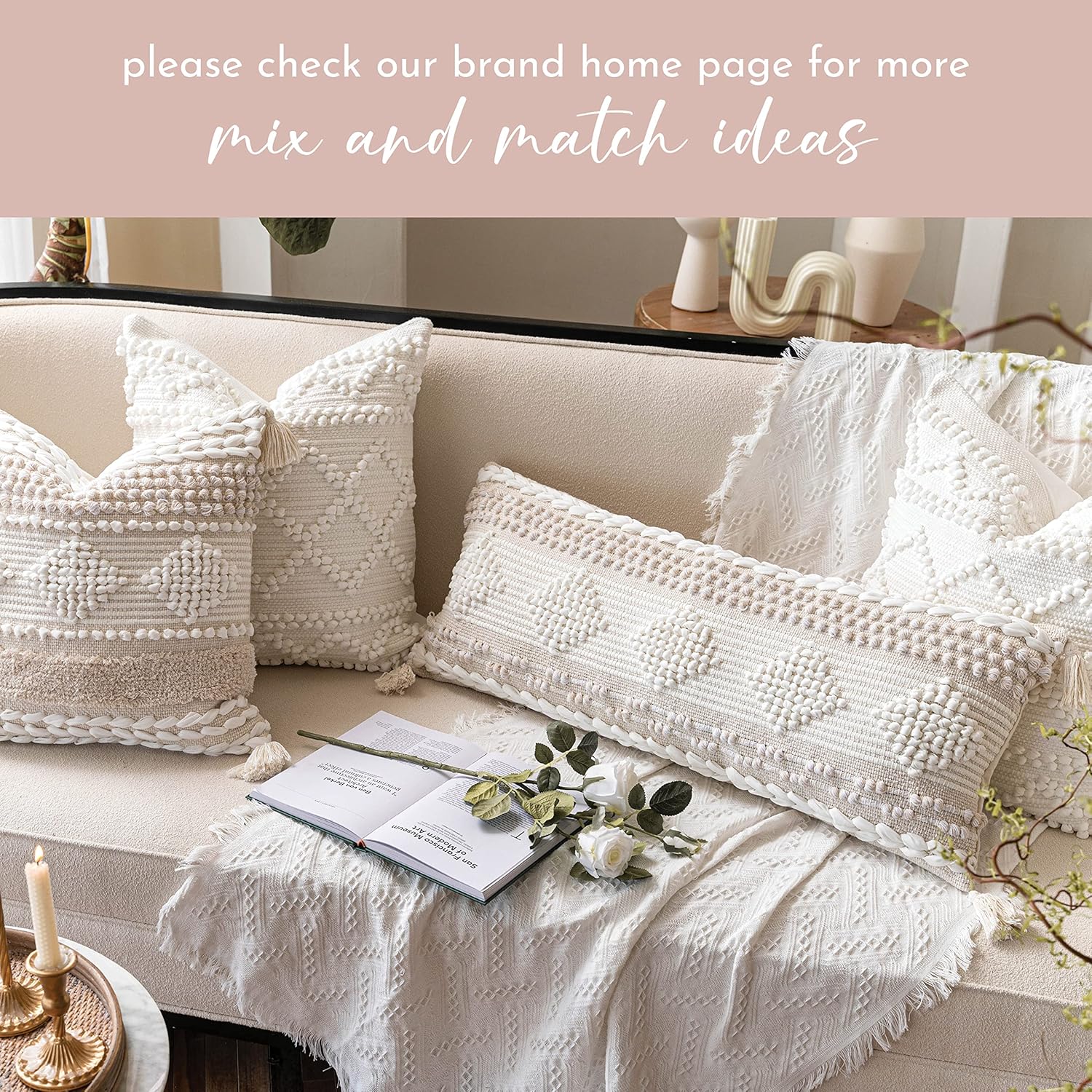 Lumbar Boho Beige Throw Pillow Cover — 36" - View 16