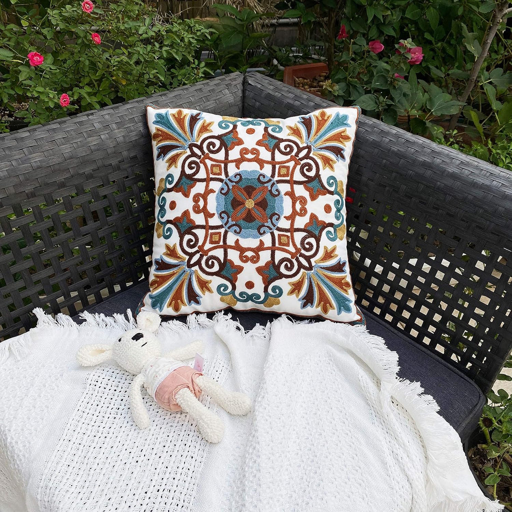 Embroidered Boho White Throw Pillow Cover — 18x18 - View 5