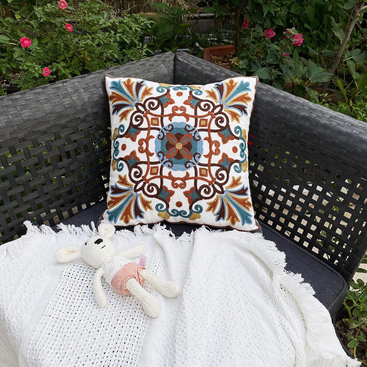 Embroidered Boho White Throw Pillow Cover — 18x18 - View 5