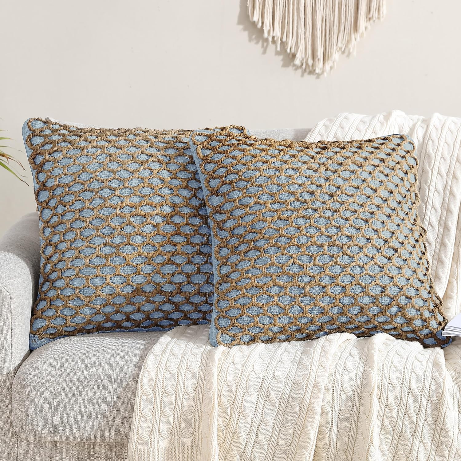 Boho Beige Pillow Cover — 20" — Light Blue