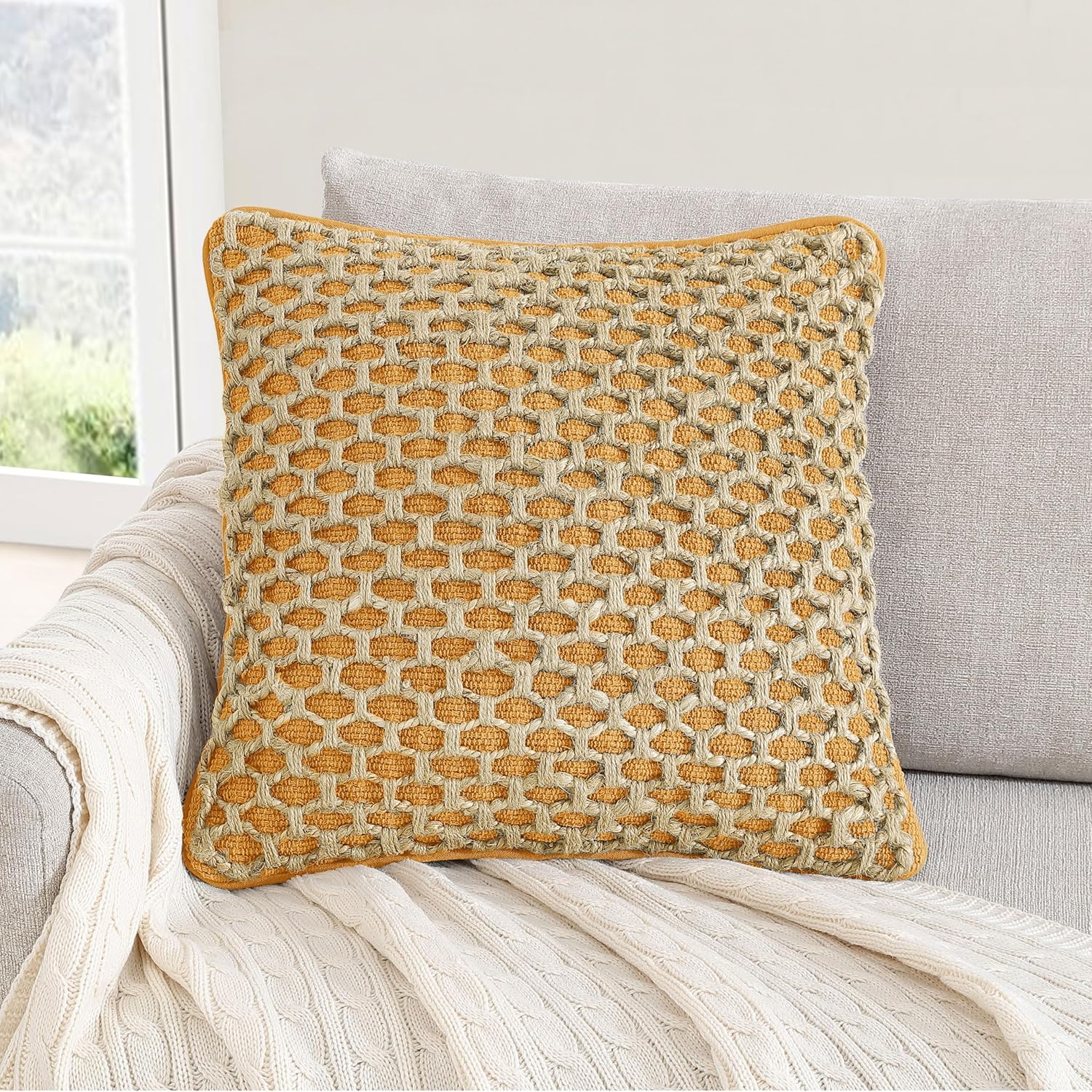 Boho Beige Pillow Cover — 20" — Mustard Yellow